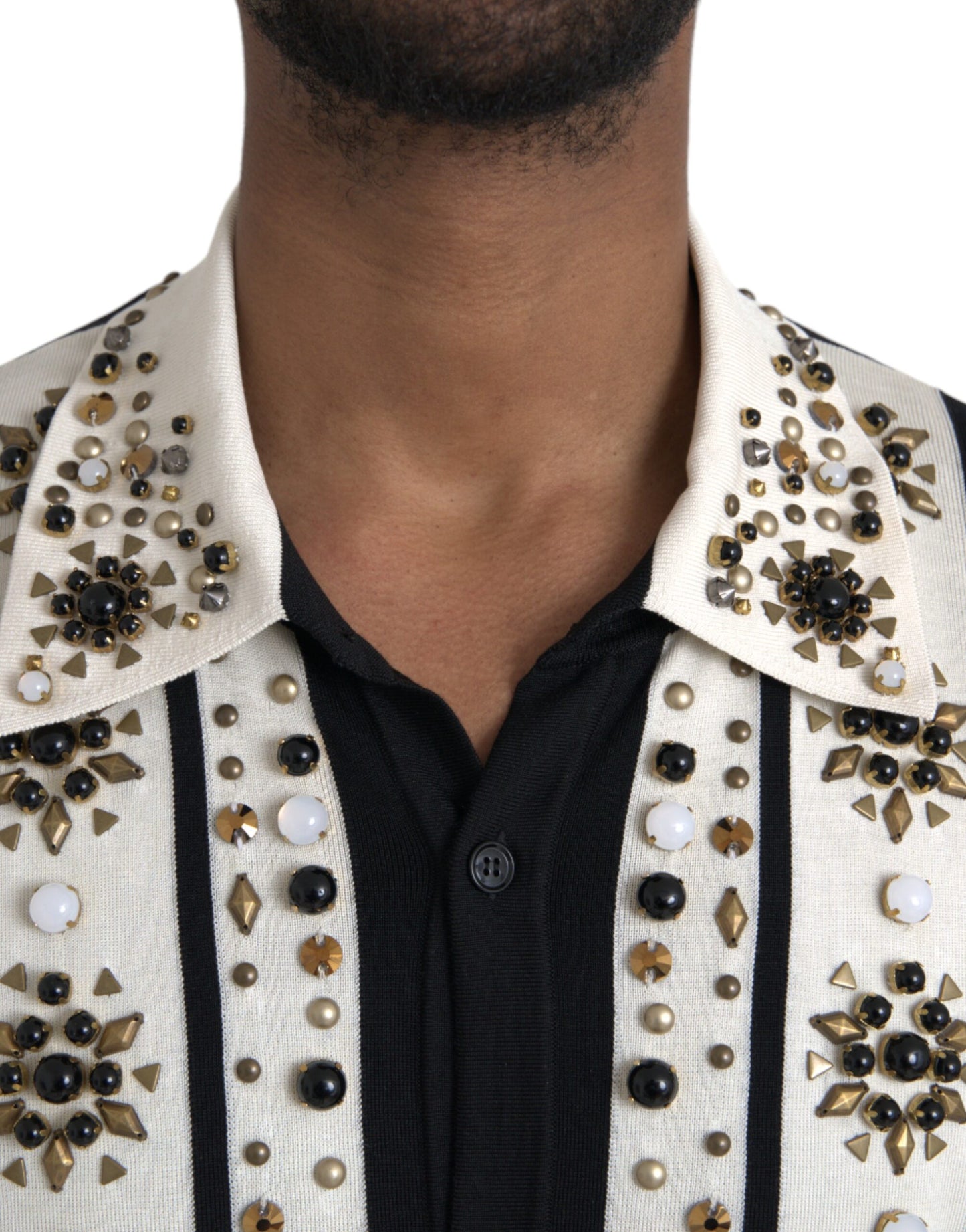 Dolce & Gabbana White Black Silk Studded Stone Crystal Shirt IT50 / L