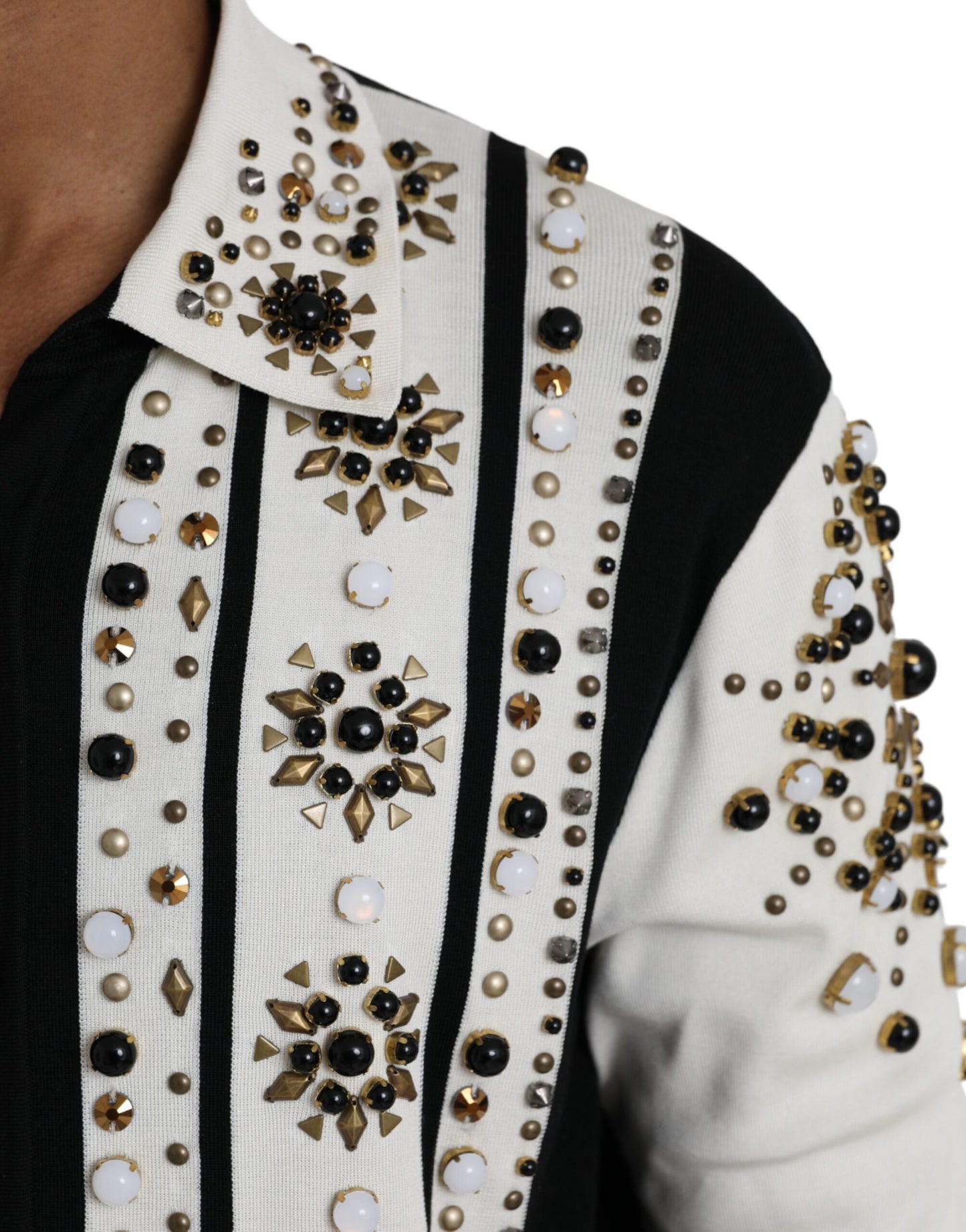 Dolce & Gabbana White Black Silk Studded Stone Crystal Shirt IT50 / L