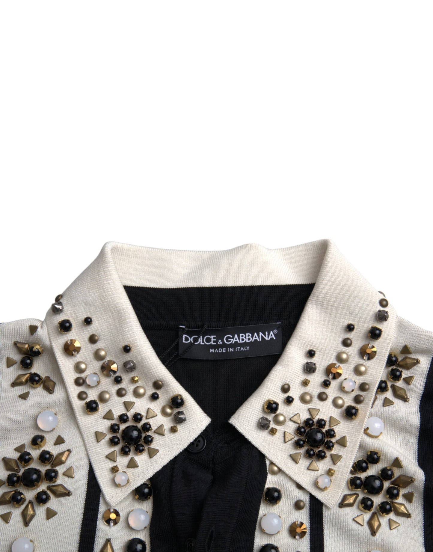 Dolce & Gabbana White Black Silk Studded Stone Crystal Shirt IT50 / L