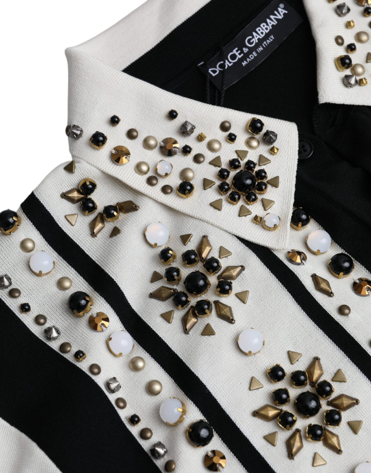 Dolce & Gabbana White Black Silk Studded Stone Crystal Shirt IT50 / L