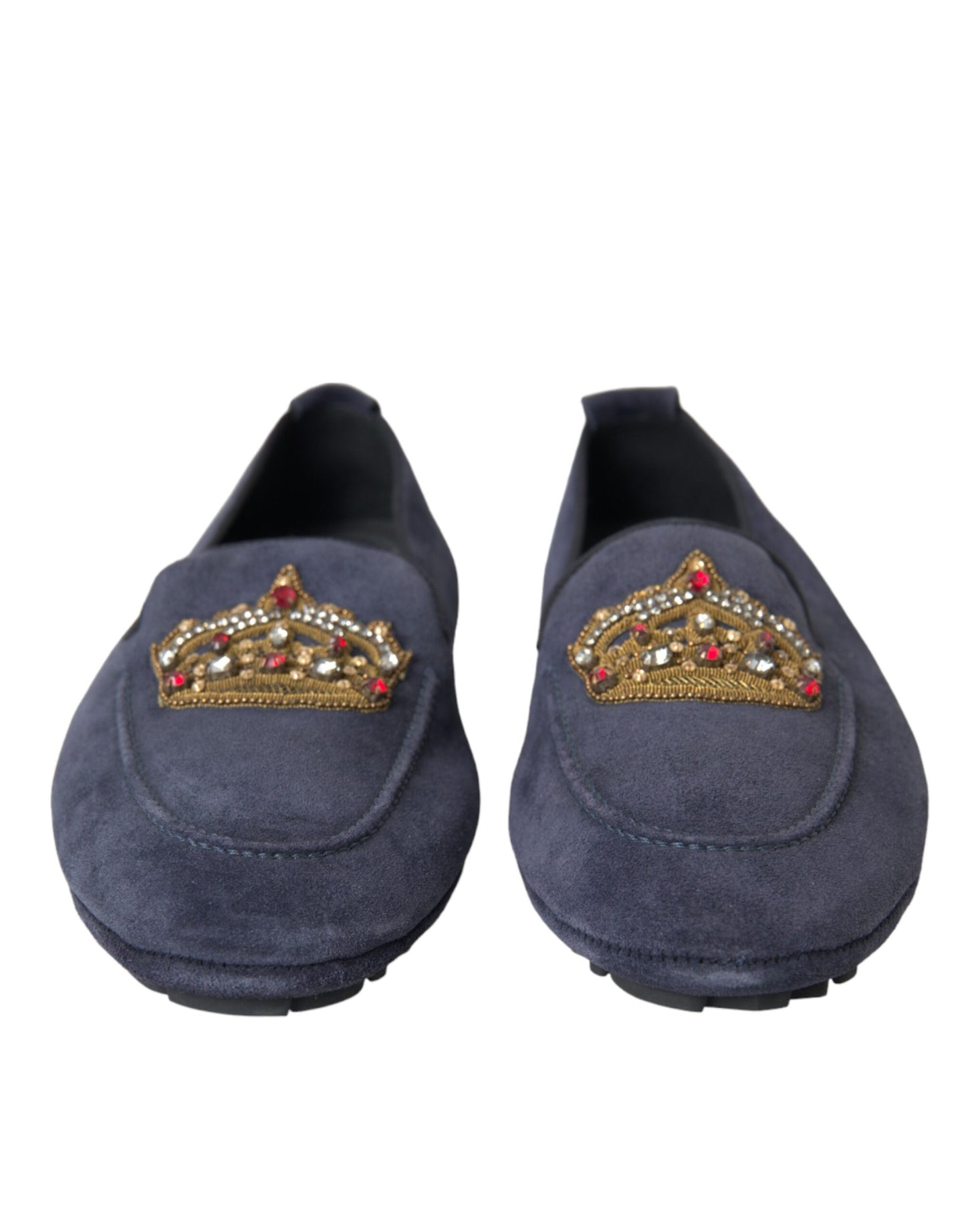 Dolce & Gabbana Blue Leather Suede Crystal Crown Loafers Shoes EU40 / US7