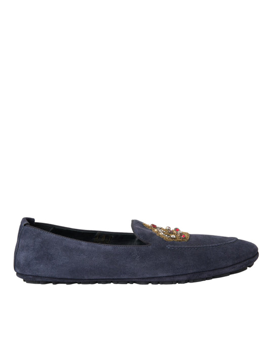 Dolce & Gabbana Blue Leather Suede Crystal Crown Loafers Shoes EU40 / US7