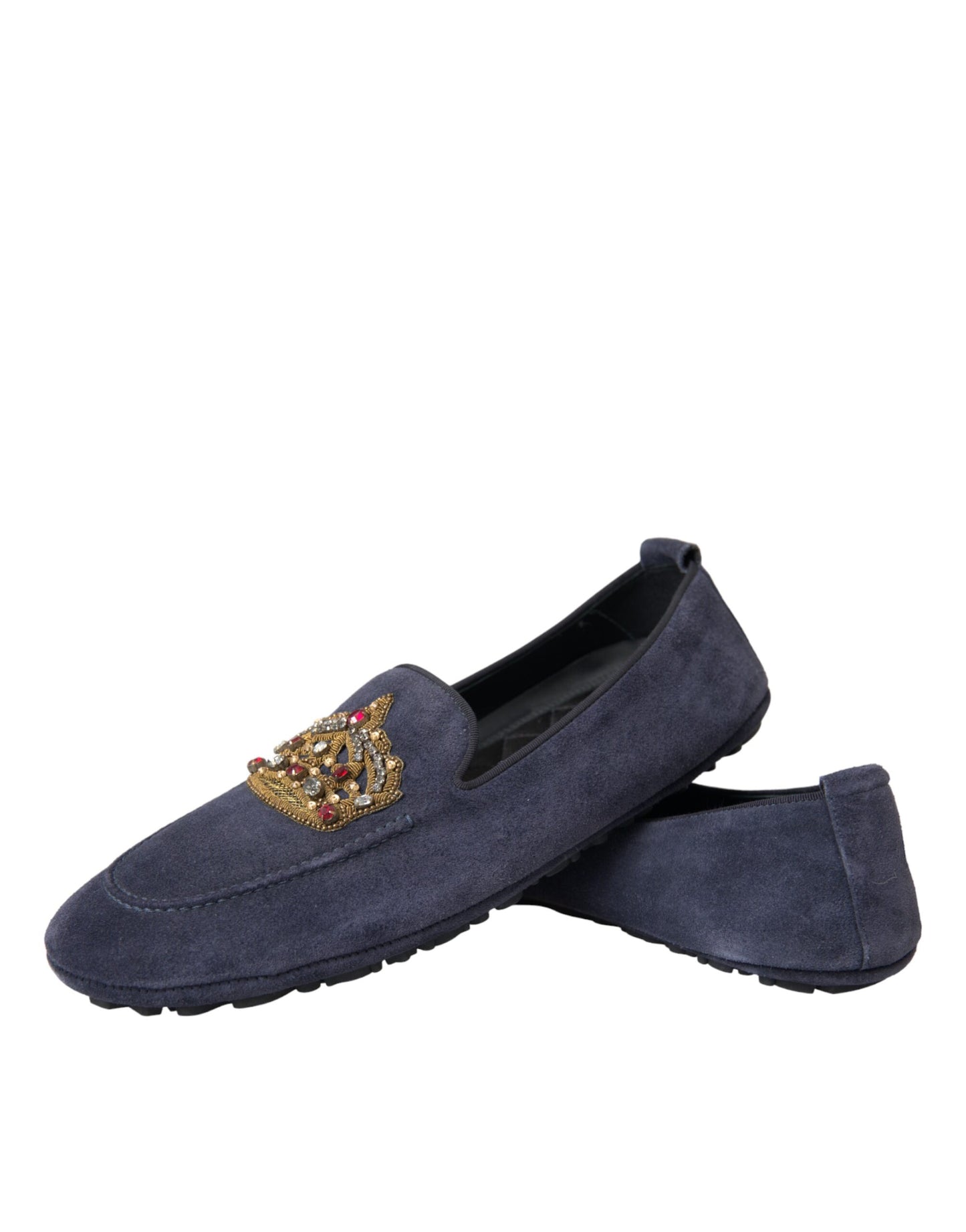 Dolce & Gabbana Blue Leather Suede Crystal Crown Loafers Shoes EU40 / US7