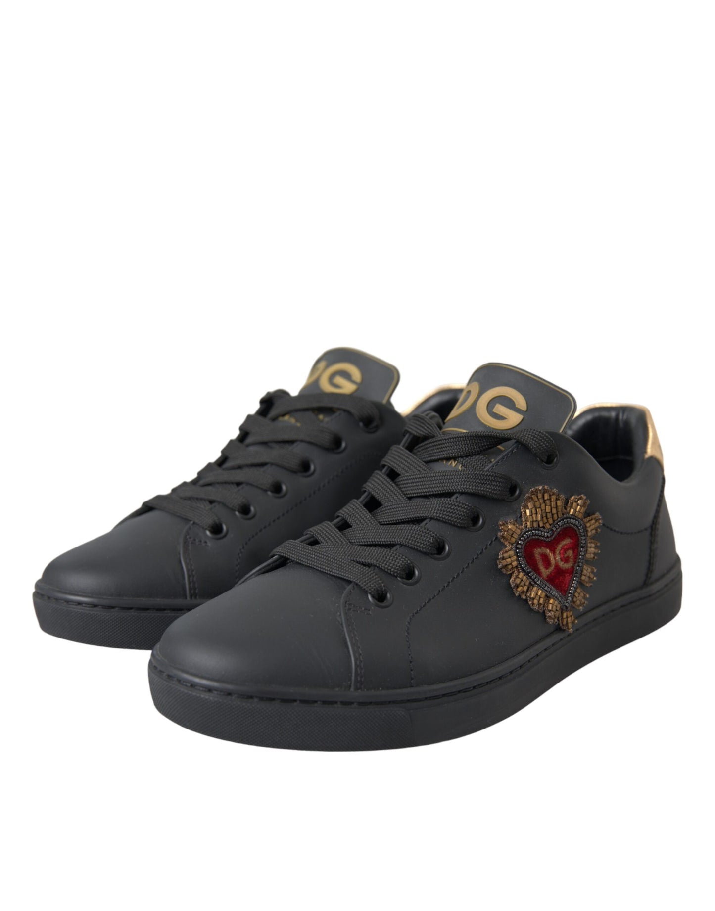 Dolce & Gabbana Black Leather Heart Embellished Sneakers Shoes EU39 / US6