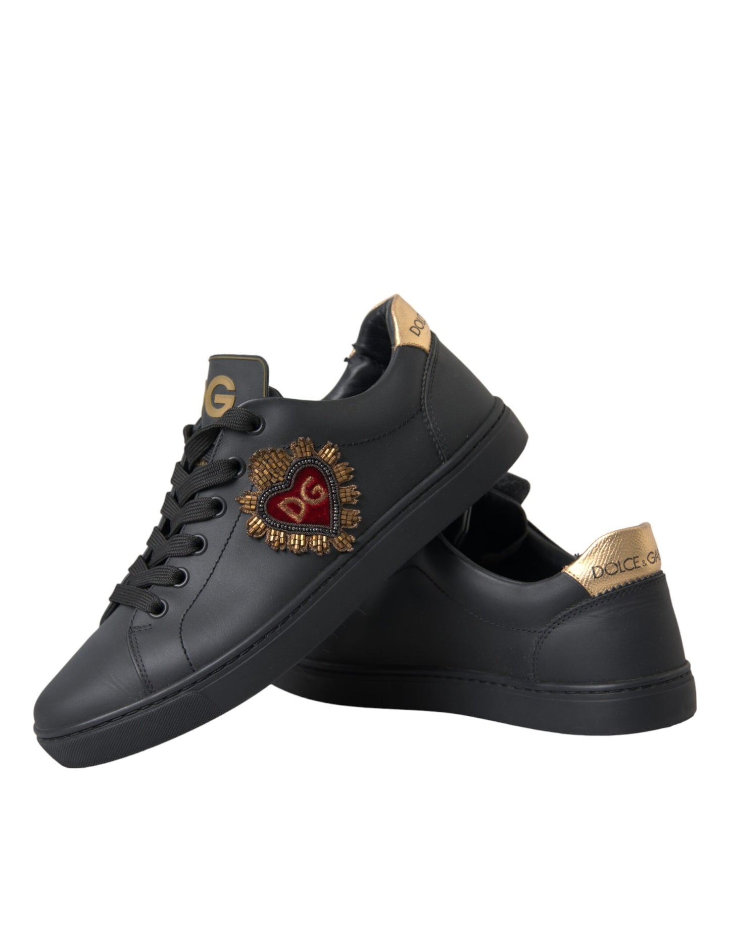 Dolce & Gabbana Black Leather Heart Embellished Sneakers Shoes EU39 / US6