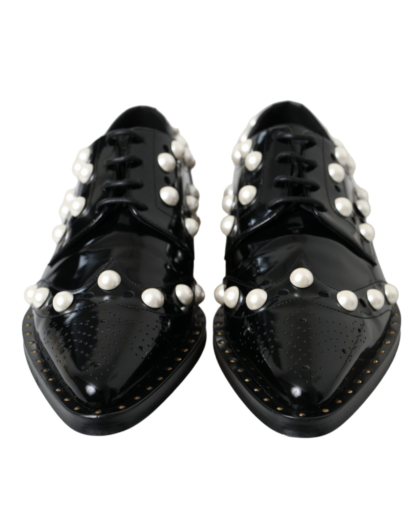 Dolce & Gabbana Black Leather Faux Pearl Dress Broque Shoes EU40 / US9.5