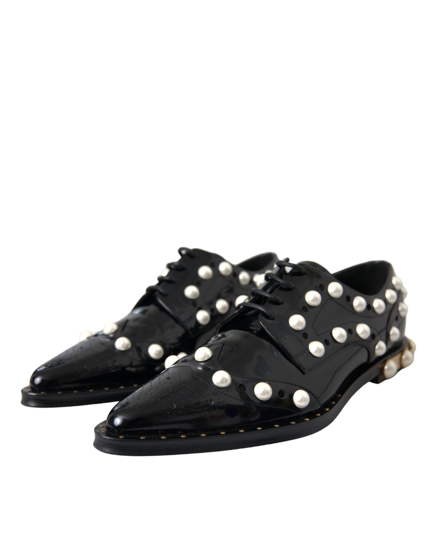 Dolce & Gabbana Black Leather Faux Pearl Dress Broque Shoes EU40 / US9.5