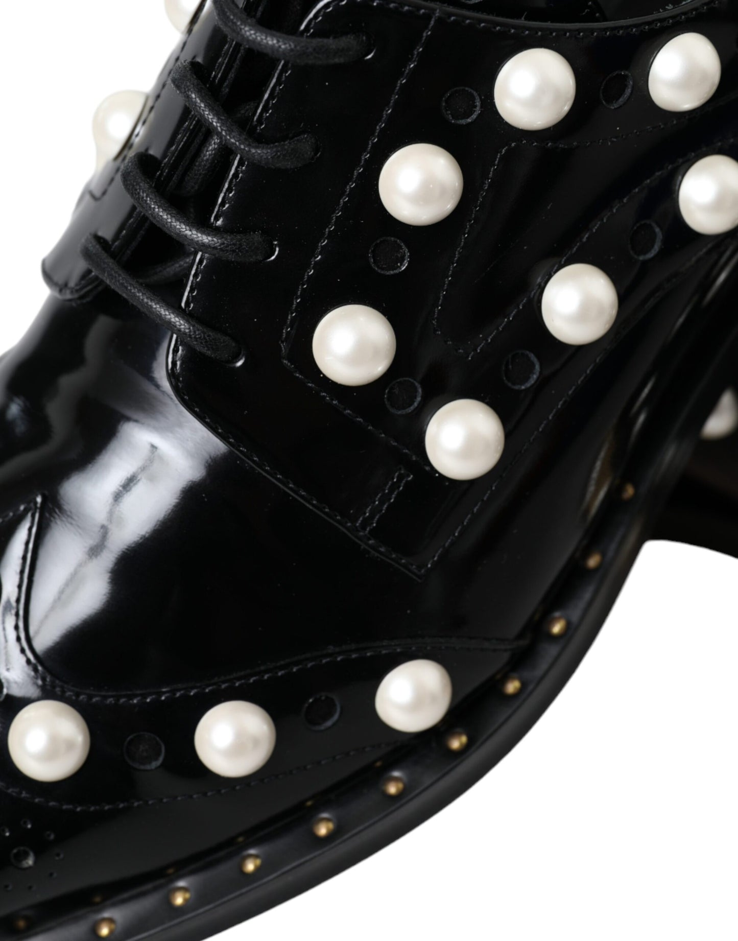 Dolce & Gabbana Black Leather Faux Pearl Dress Broque Shoes EU40 / US9.5