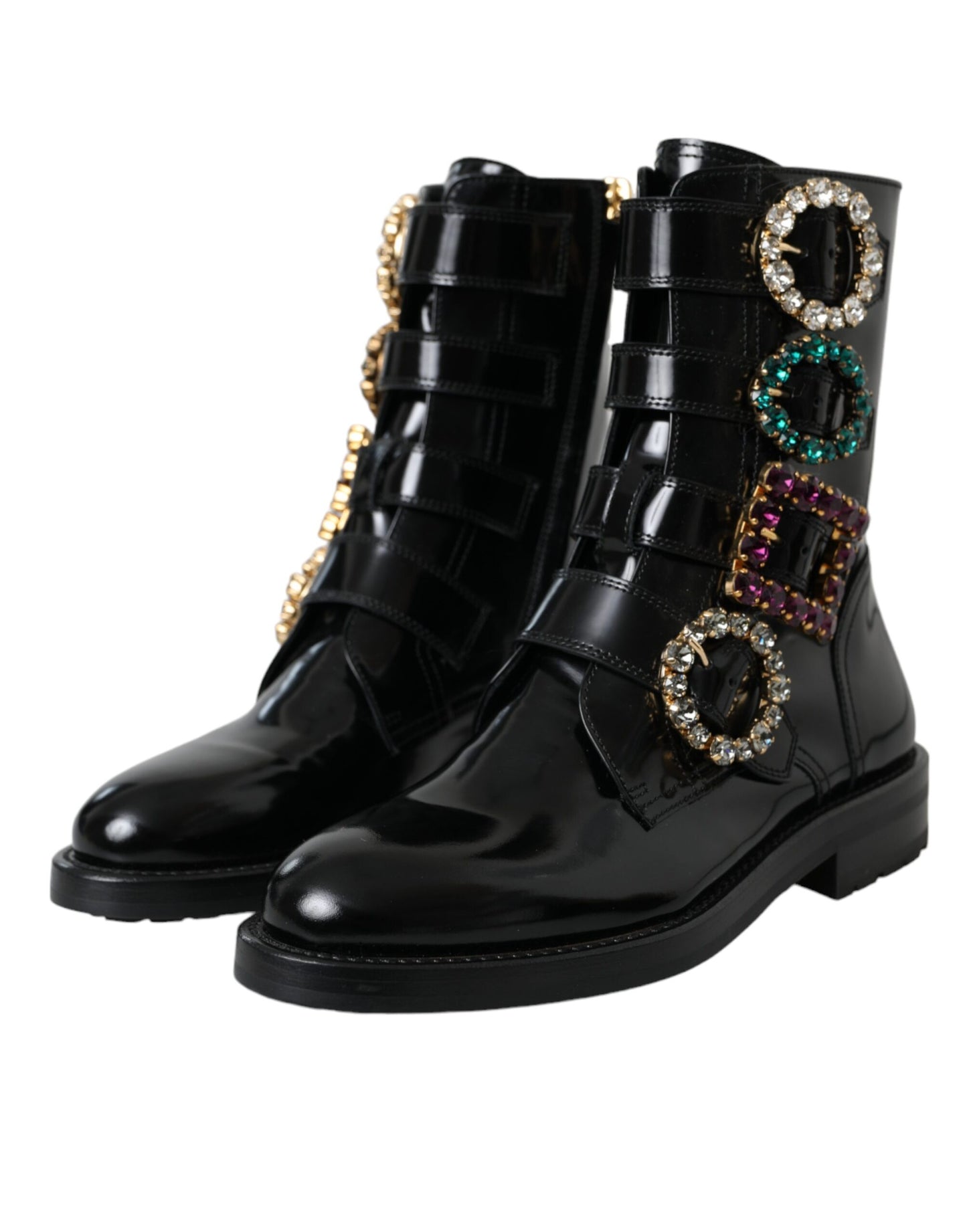 Dolce & Gabbana Black Leather Crystal Buckles Boots Shoes EU35 / US4.5