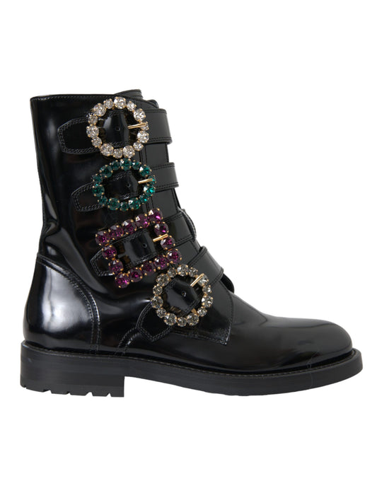 Dolce & Gabbana Black Leather Crystal Buckles Boots Shoes EU35 / US4.5