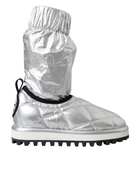 Dolce & Gabbana Metallic Silver Quilted Logo Patch Boot Shoes EU39 / US8.5