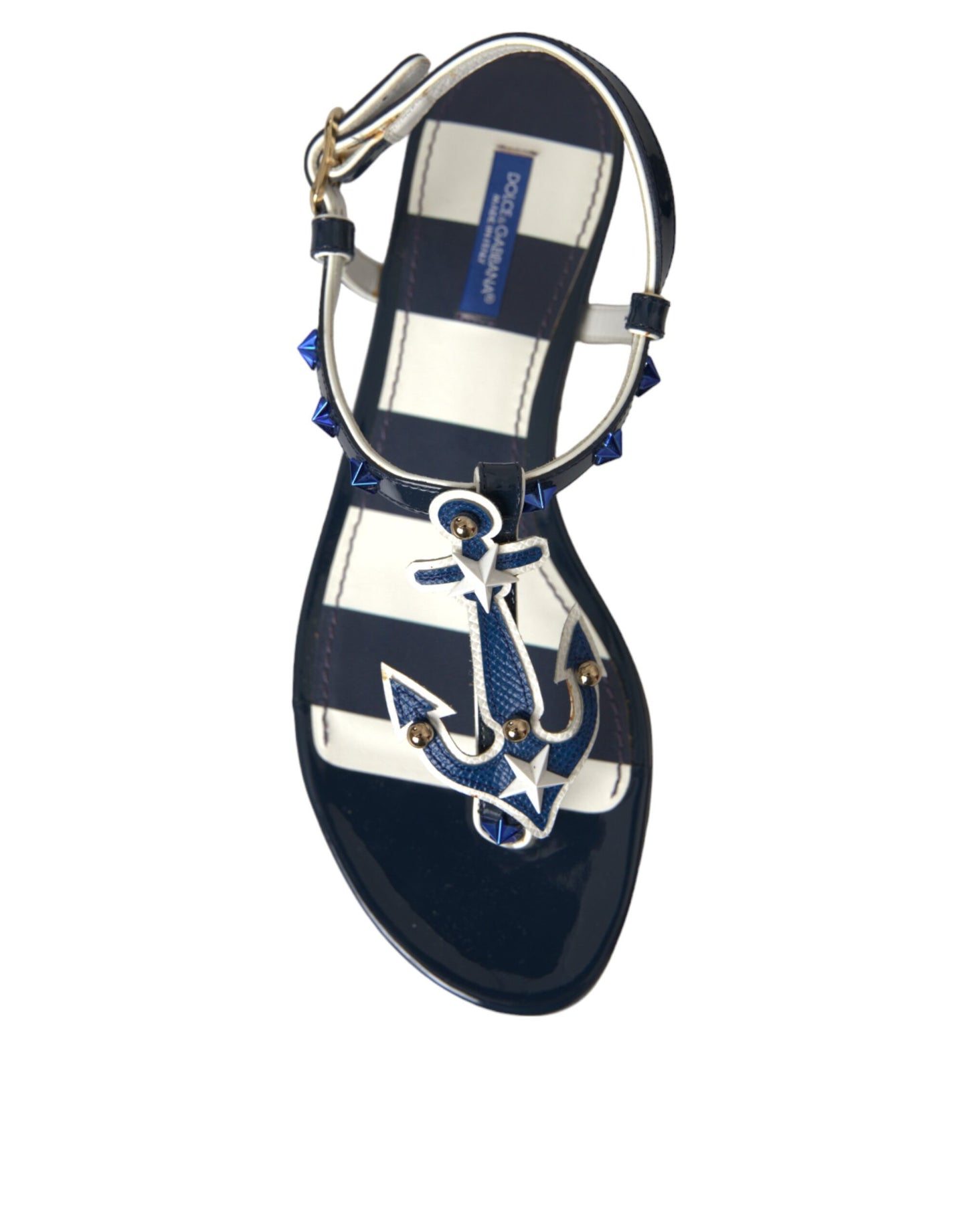 Dolce & Gabbana Blue Stripes Leather Studded Flats Sandals Shoes EU37 / US6.5