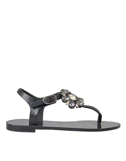 Dolce & Gabbana Black Crystal Flats Sandals Flip Flops Shoes EU35 / US4.5