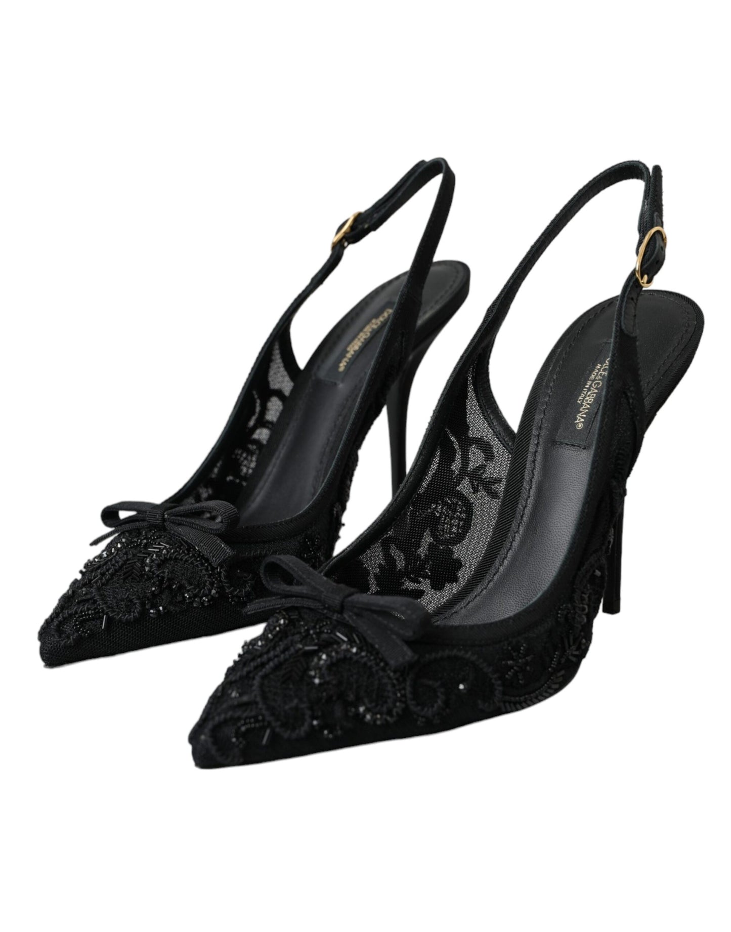 Dolce & Gabbana Black Tulle Ricamo Heels Slingbacks Shoes EU37 / US6.5