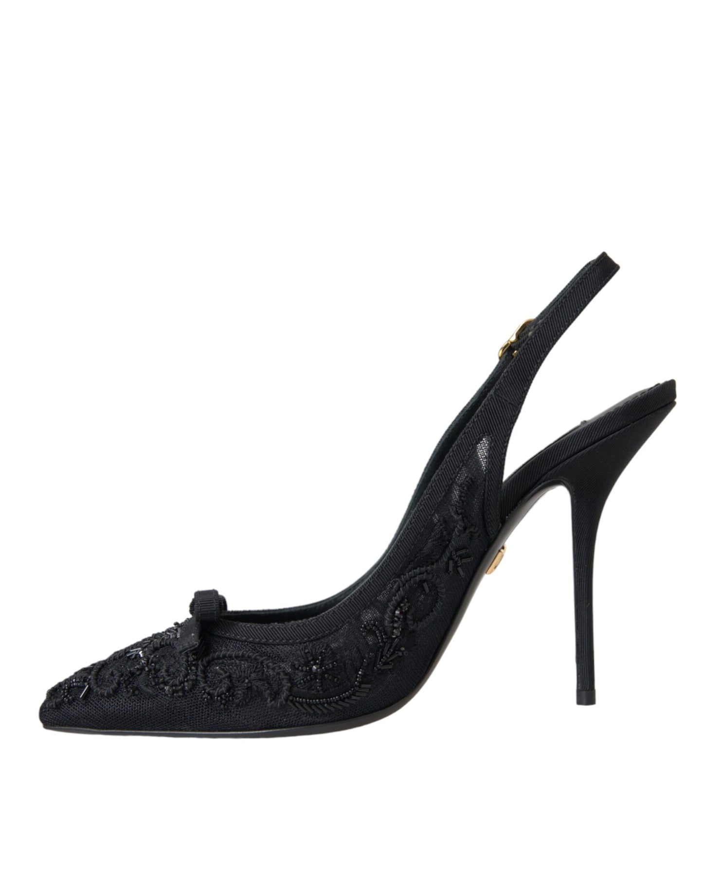 Dolce & Gabbana Black Tulle Ricamo Heels Slingbacks Shoes EU37 / US6.5