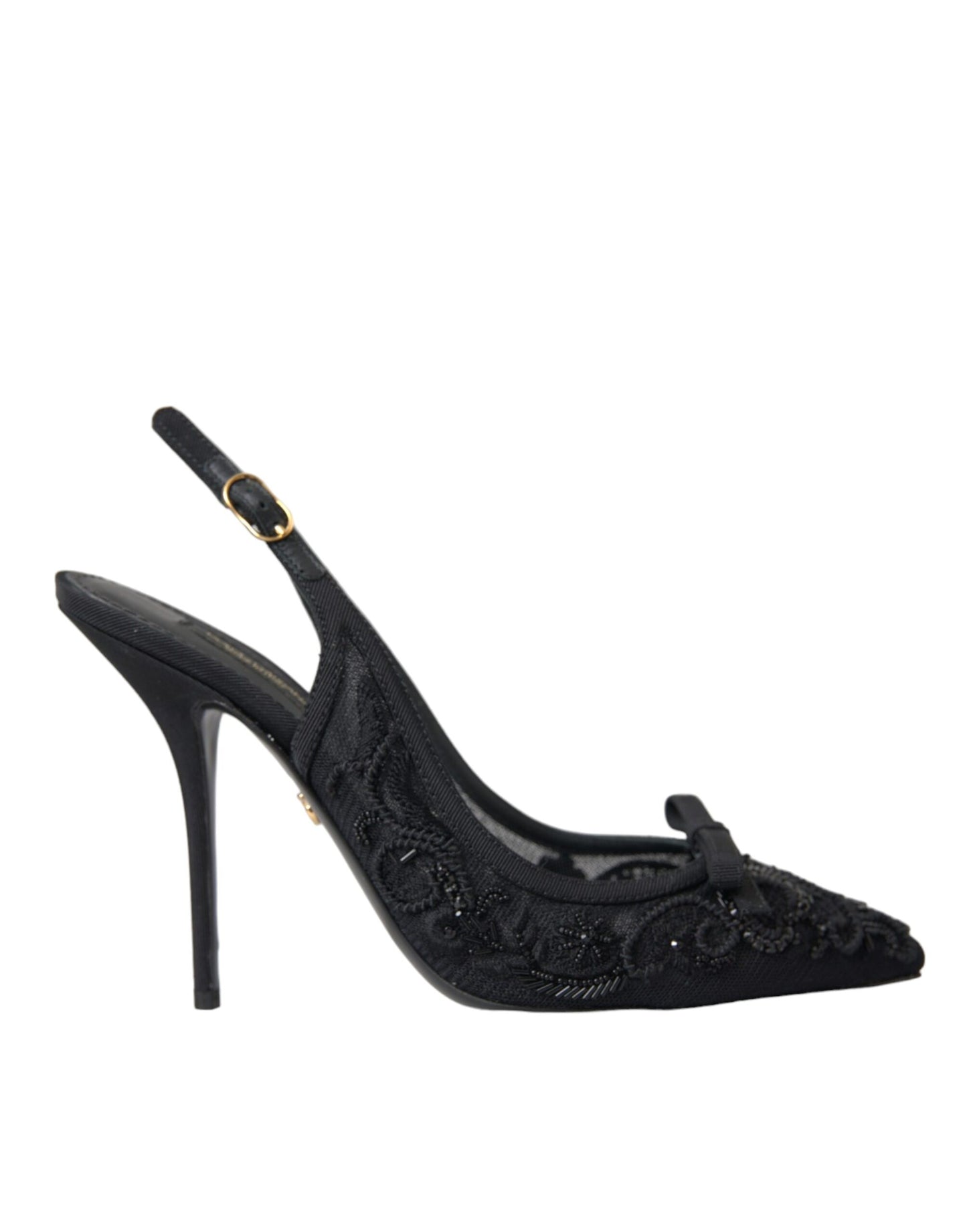 Dolce & Gabbana Black Tulle Ricamo Heels Slingbacks Shoes EU37 / US6.5