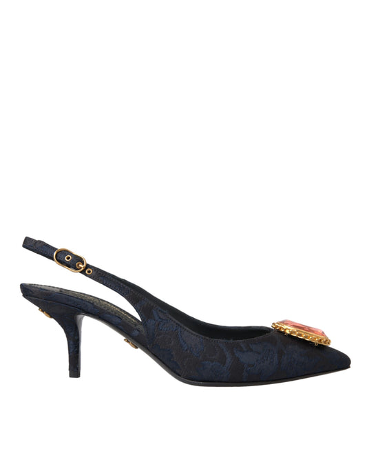 Dolce & Gabbana Blue Jacquard Crystal Slingback Heel Shoes EU39 / US8.5