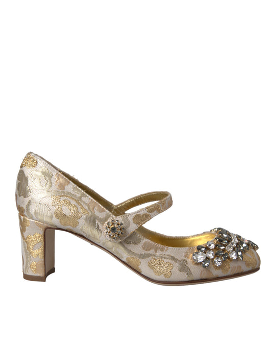 Dolce & Gabbana Gold Jacquard Crystal Mary Janes Pumps Shoes EU37.5 / US7