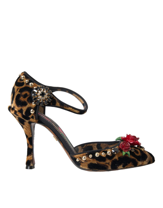 Dolce & Gabbana Brown Leopard Floral Crystal Mary Janes Pumps Shoes EU37.5 / US7