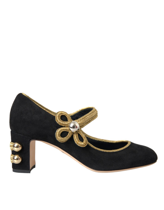 Dolce & Gabbana Black Suede Gold Mary Janes Heels Pumps Shoes EU37 / US6.5