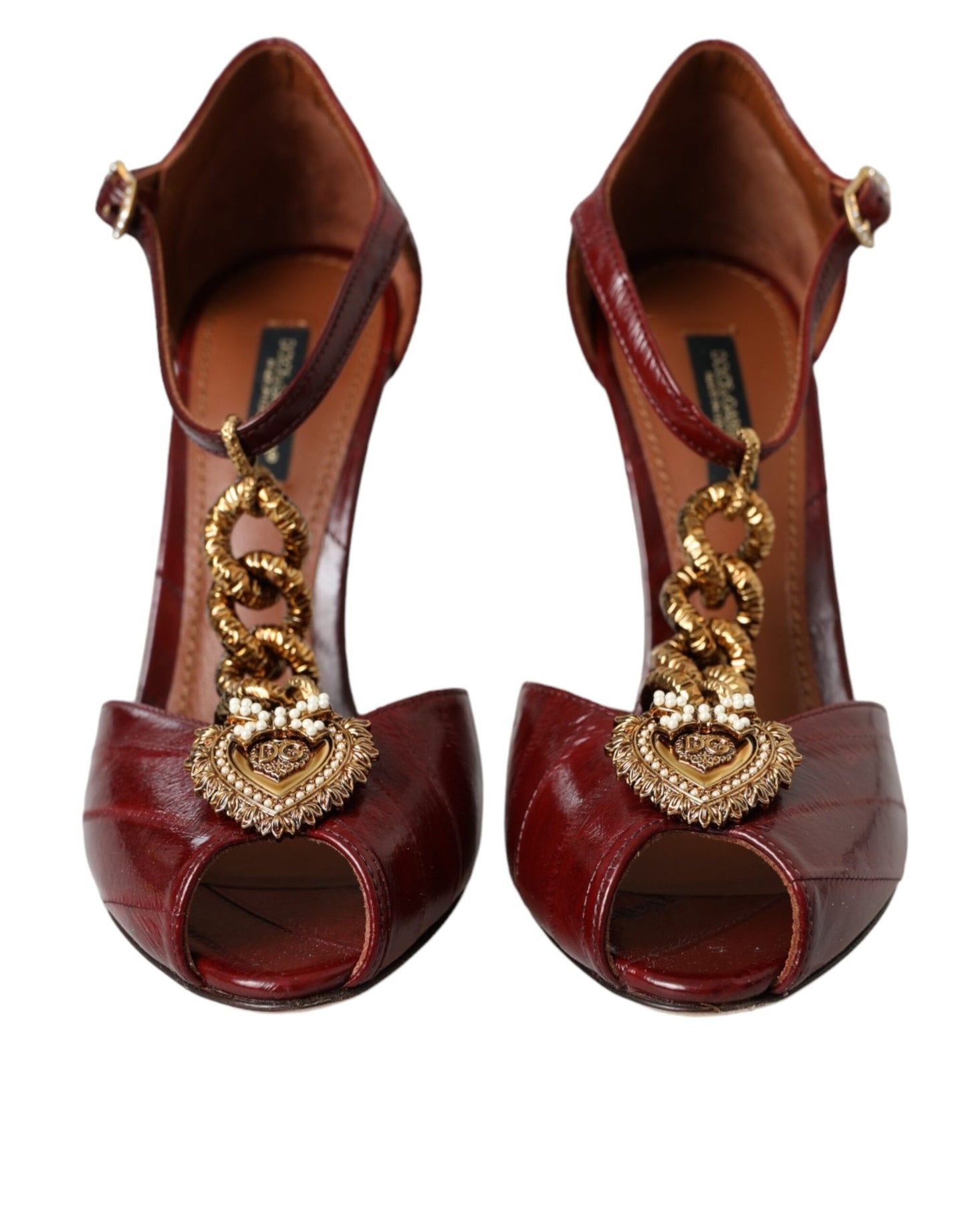 Dolce & Gabbana Dark Red Leather Gold Devotion Heart Sandals Shoes EU37 / US6.5