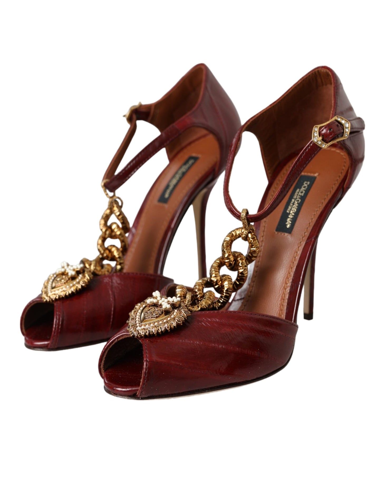 Dolce & Gabbana Dark Red Leather Gold Devotion Heart Sandals Shoes EU37 / US6.5