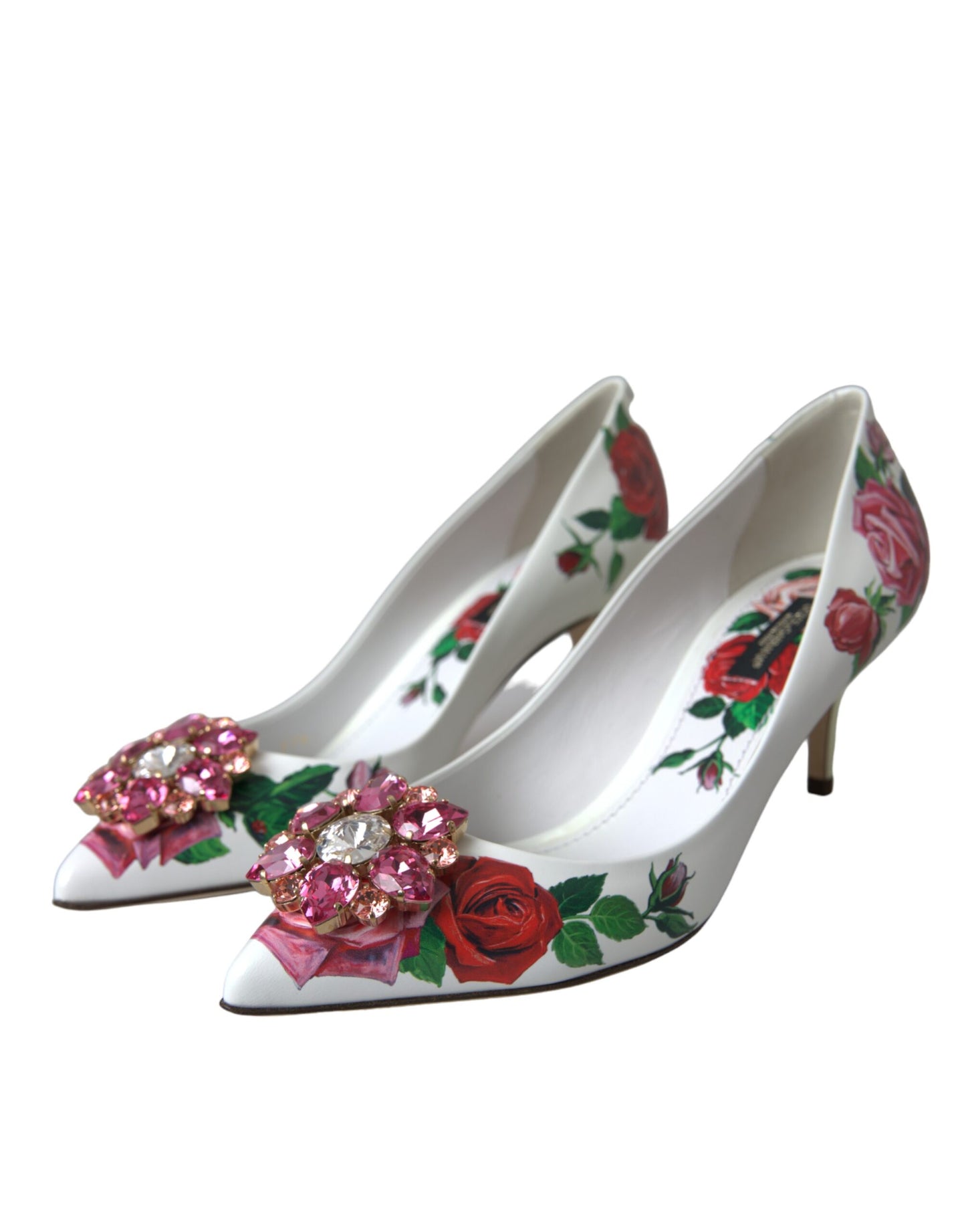 Dolce & Gabbana White Leather Roses Crystal Bellucci Pumps Shoes EU37.5 / US7