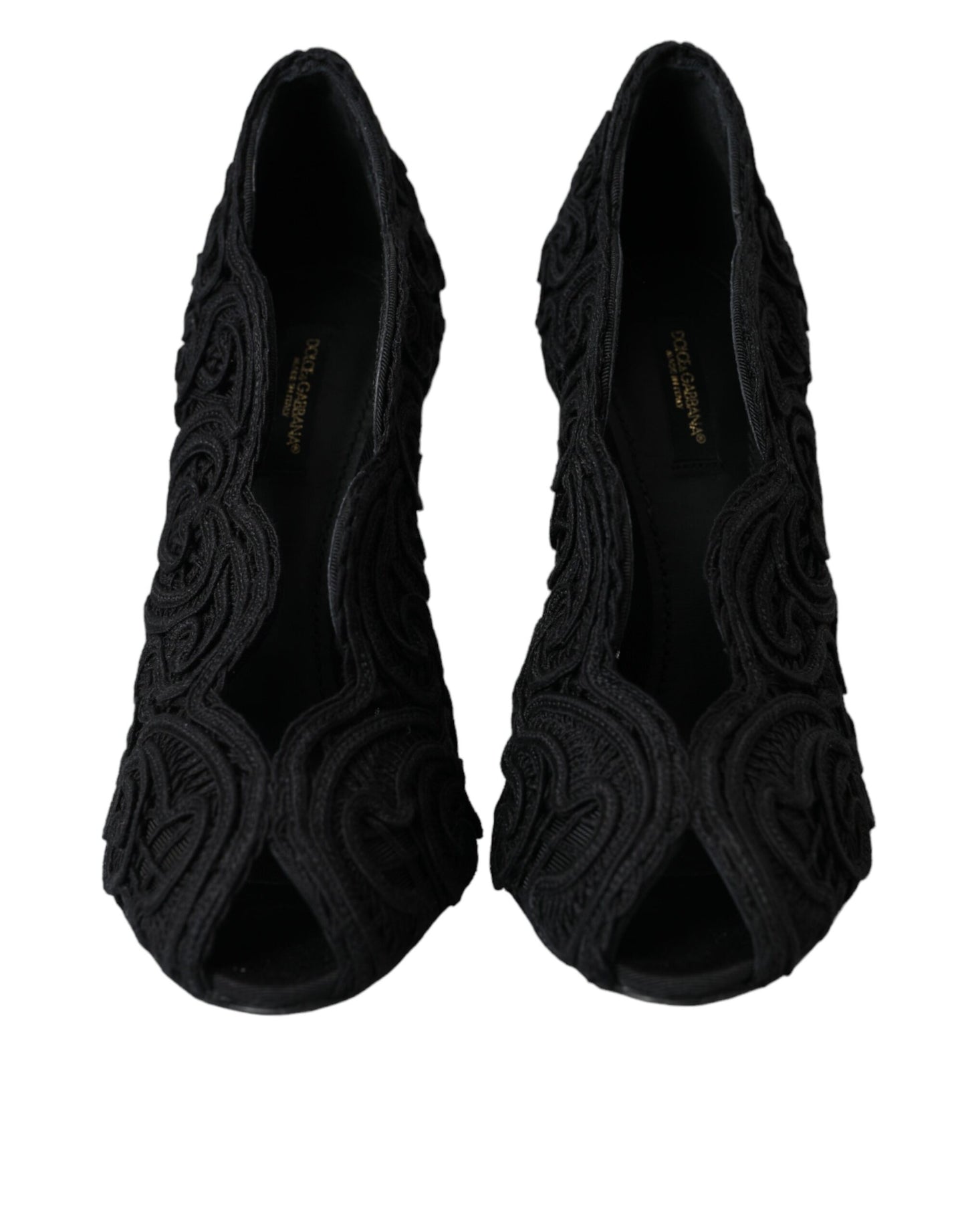 Dolce & Gabbana Black Cordonetto Ricamo Pump Open Toe Shoes EU38 / US7.5