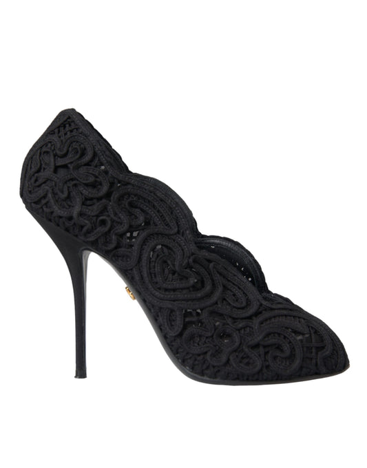 Dolce & Gabbana Black Cordonetto Ricamo Pump Open Toe Shoes EU38 / US7.5