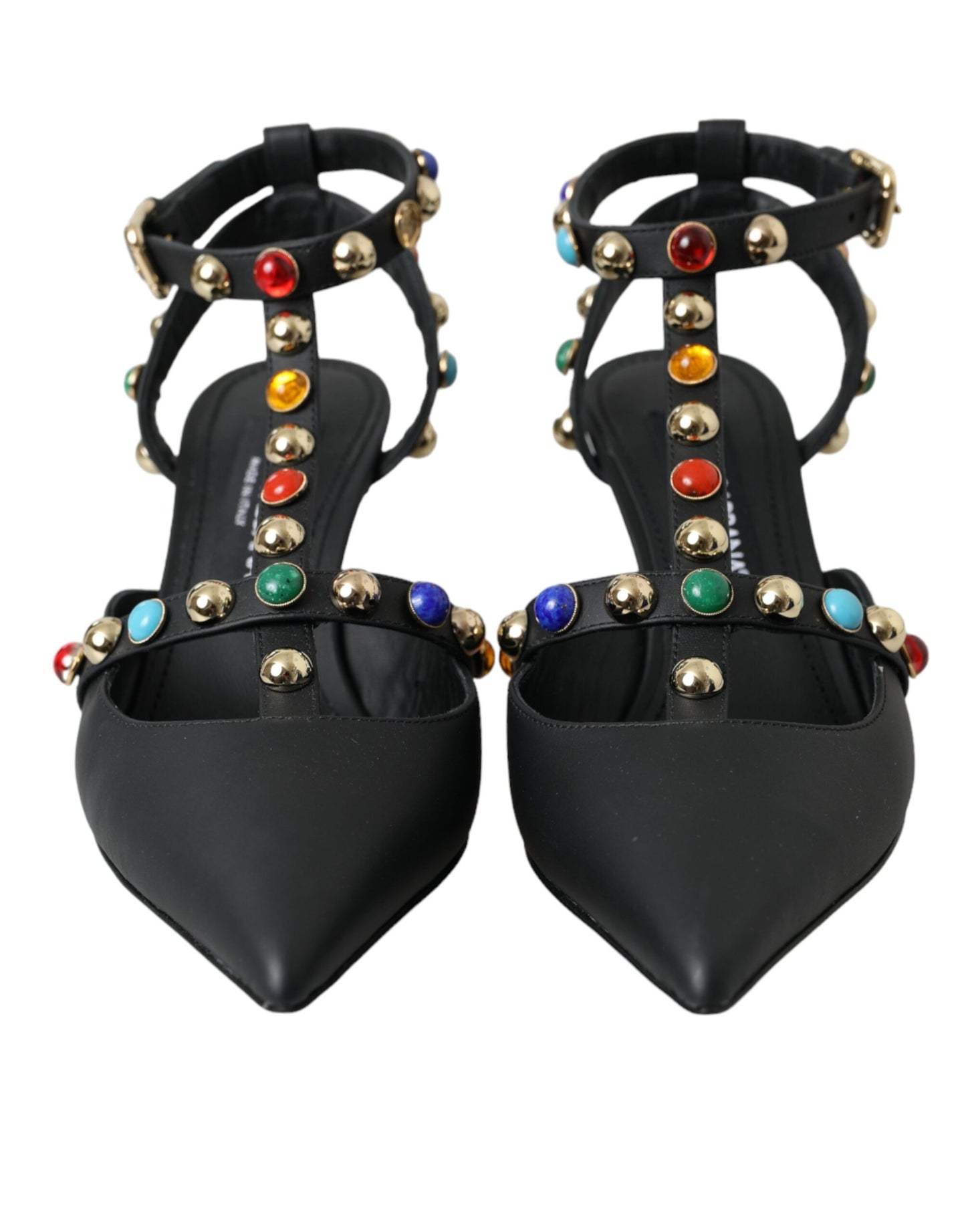 Dolce & Gabbana Black Leather Embellished Heels Sandal Shoes EU39 / US8.5