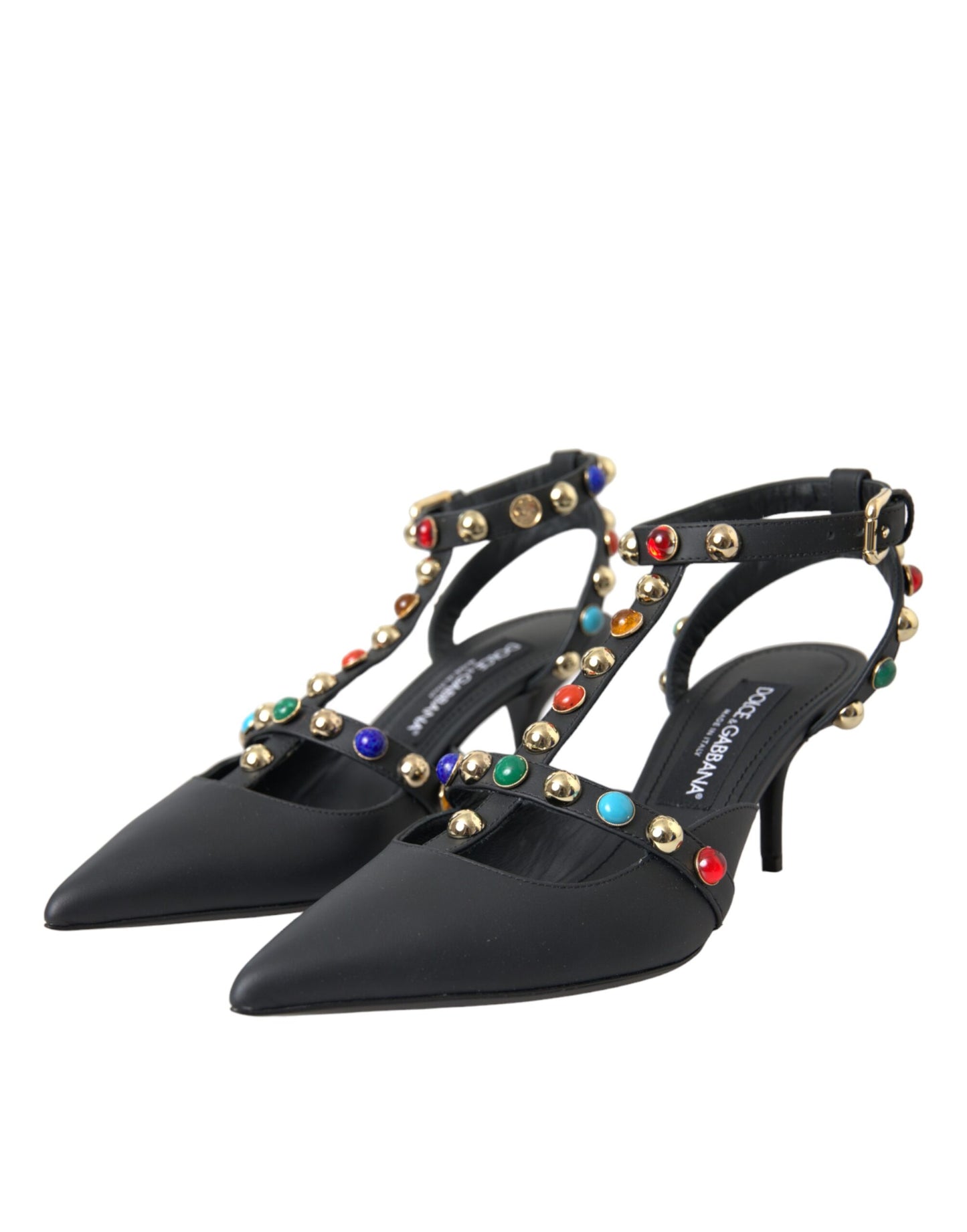 Dolce & Gabbana Black Leather Embellished Heels Sandal Shoes EU39 / US8.5