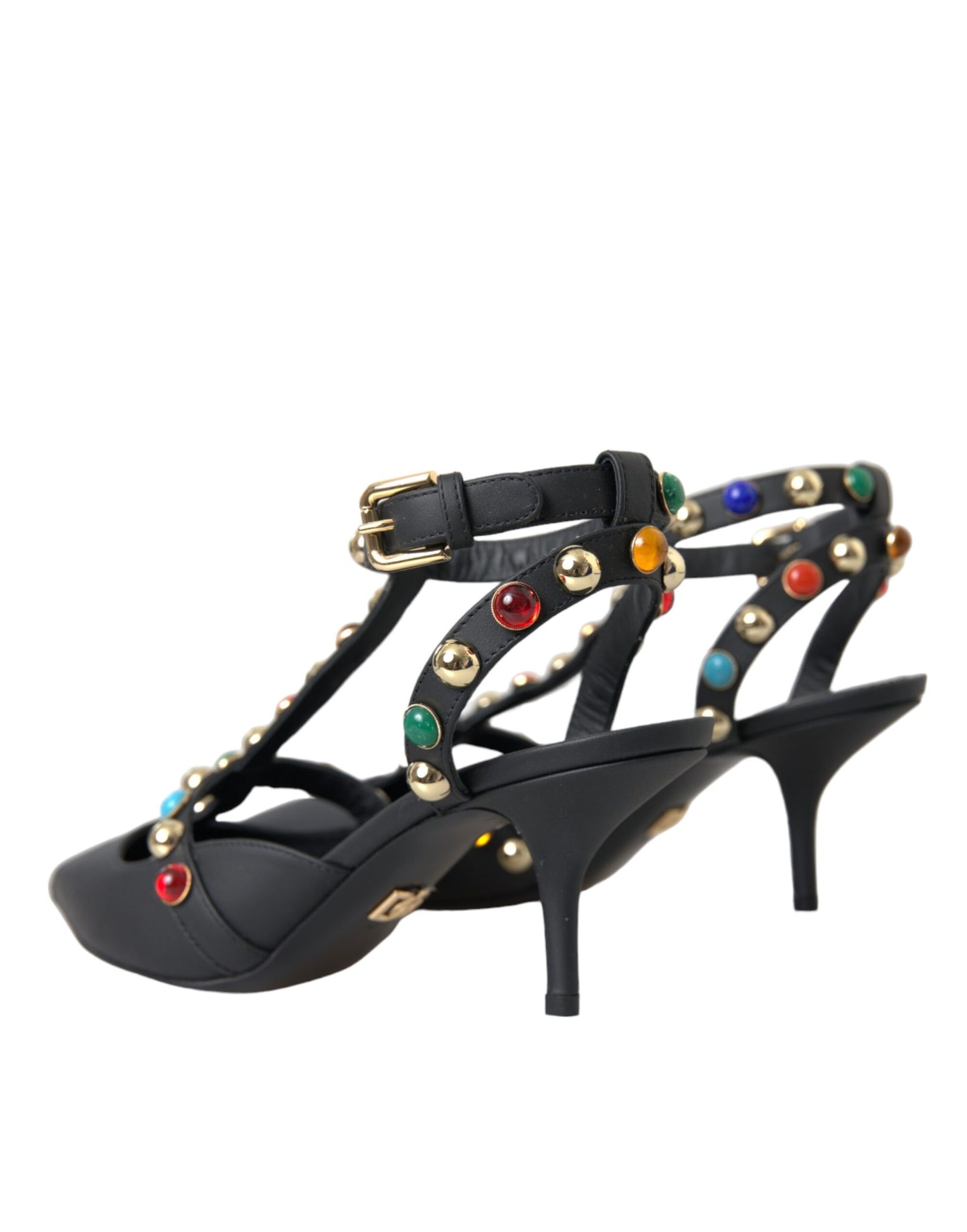 Dolce & Gabbana Black Leather Embellished Heels Sandal Shoes EU39 / US8.5