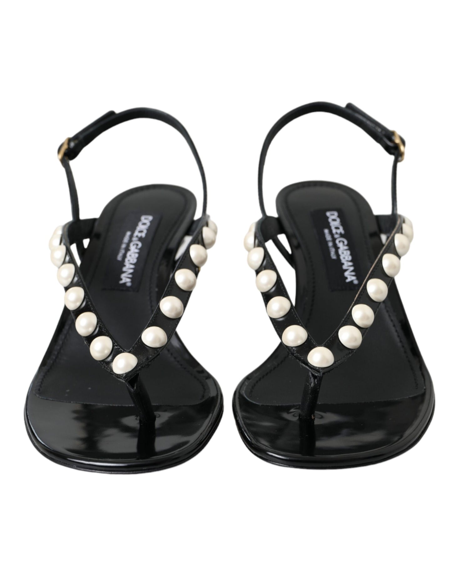 Dolce & Gabbana Black Leather Faux Pearl Heel Sandals Shoes EU39 / US8.5