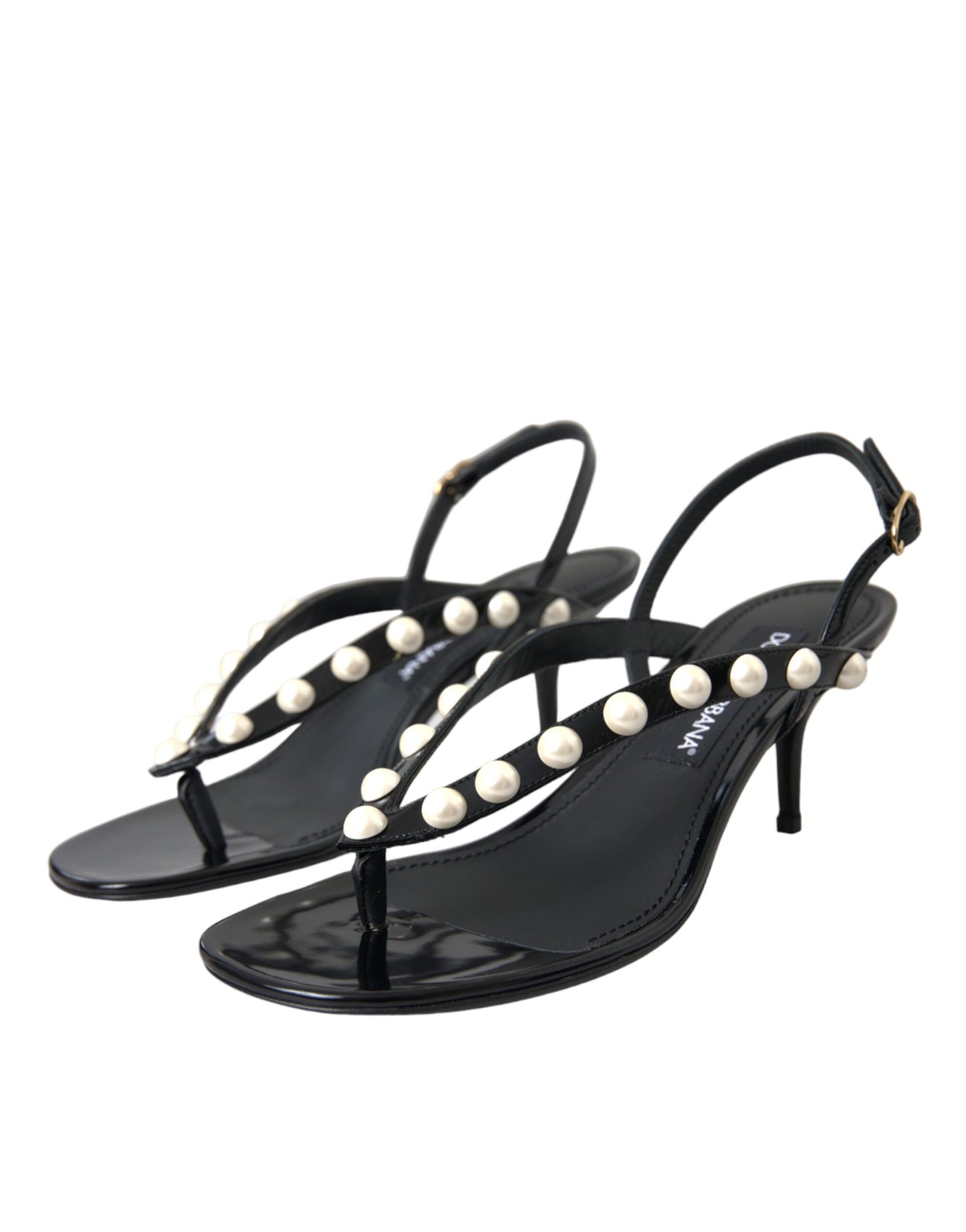 Dolce & Gabbana Black Leather Faux Pearl Heel Sandals Shoes EU39 / US8.5