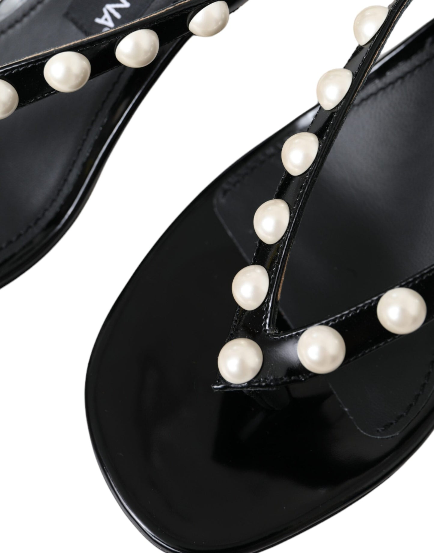 Dolce & Gabbana Black Leather Faux Pearl Heel Sandals Shoes EU39 / US8.5