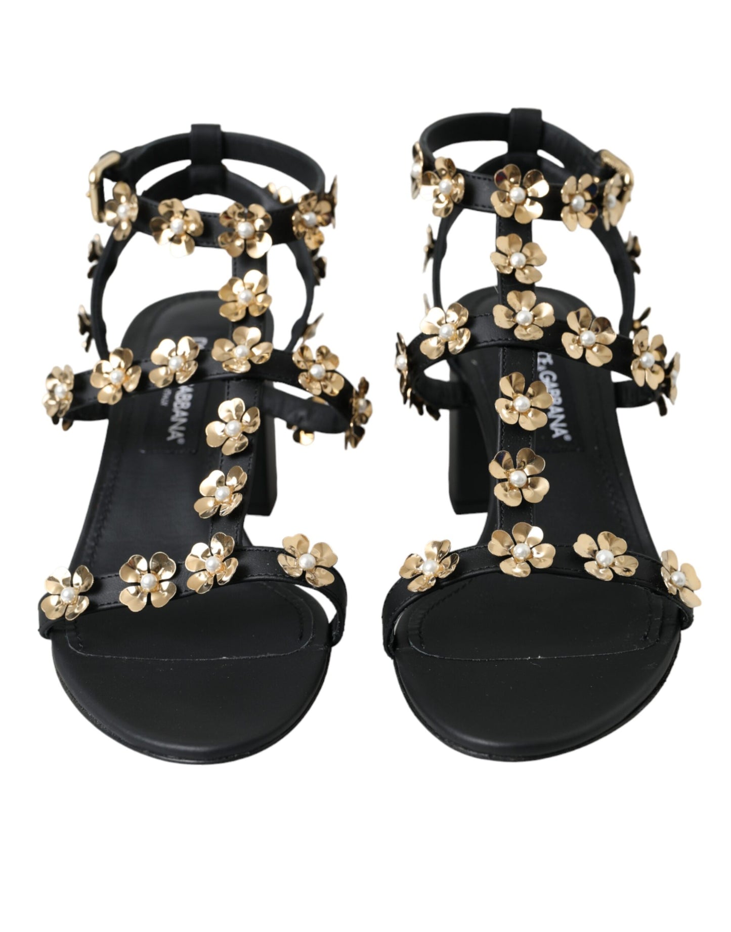 Dolce & Gabbana Black Leather Embellished Heel Sandal Shoes EU39 / US8.5