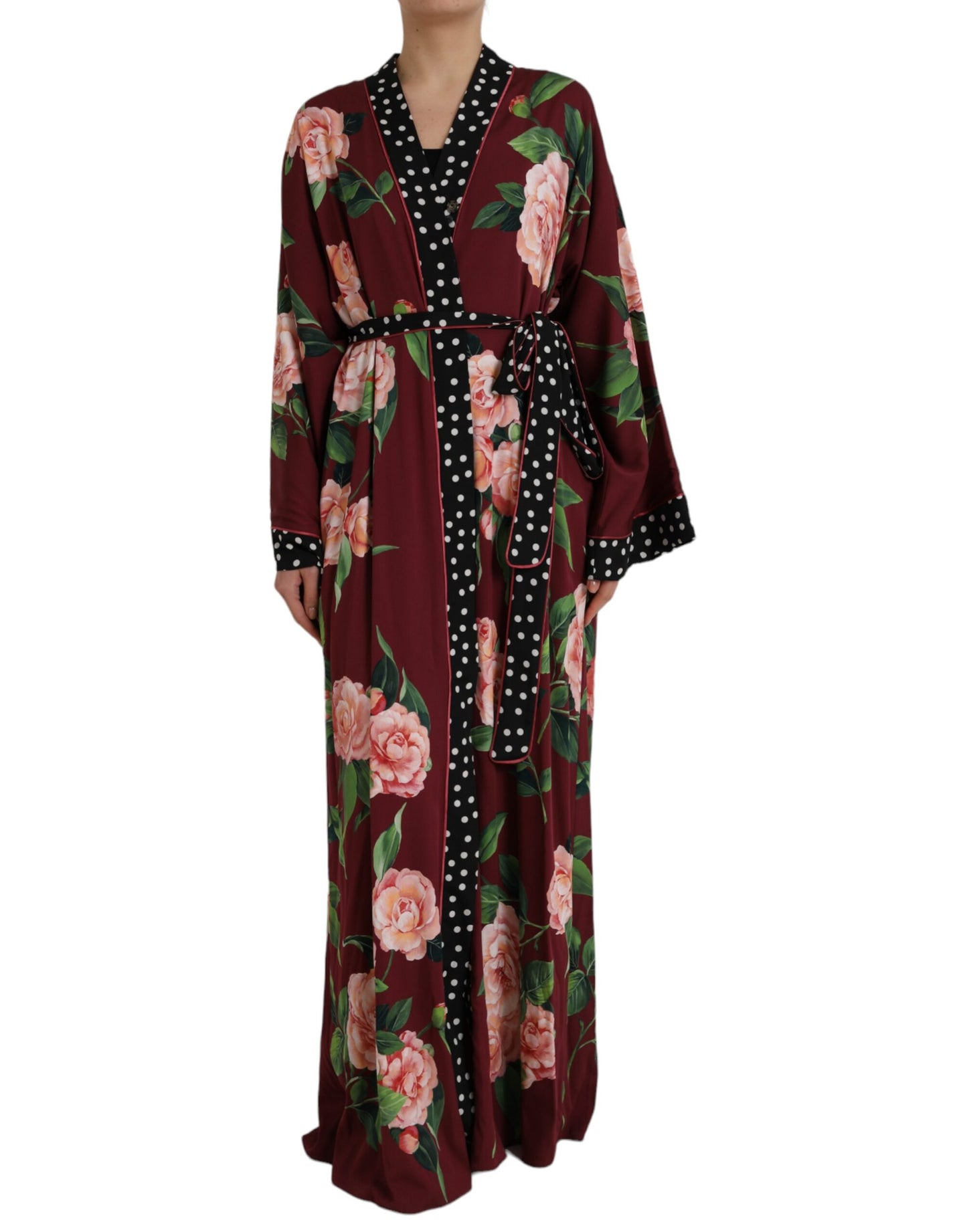 Dolce & Gabbana Bordeaux Floral Maxi Kaftan Crepe Robe Dress IT42 / M