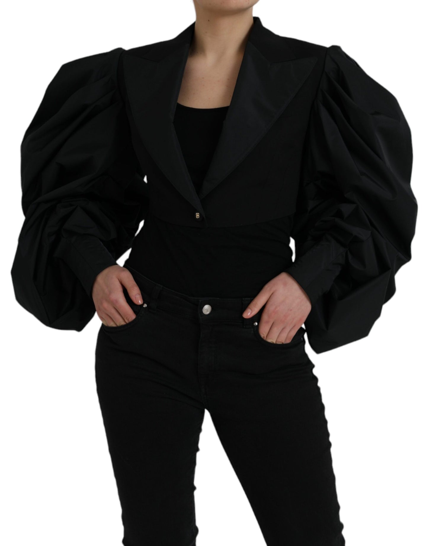 Dolce & Gabbana Black Polyester Puffed Sleeves Cropped Jacket IT40 / S