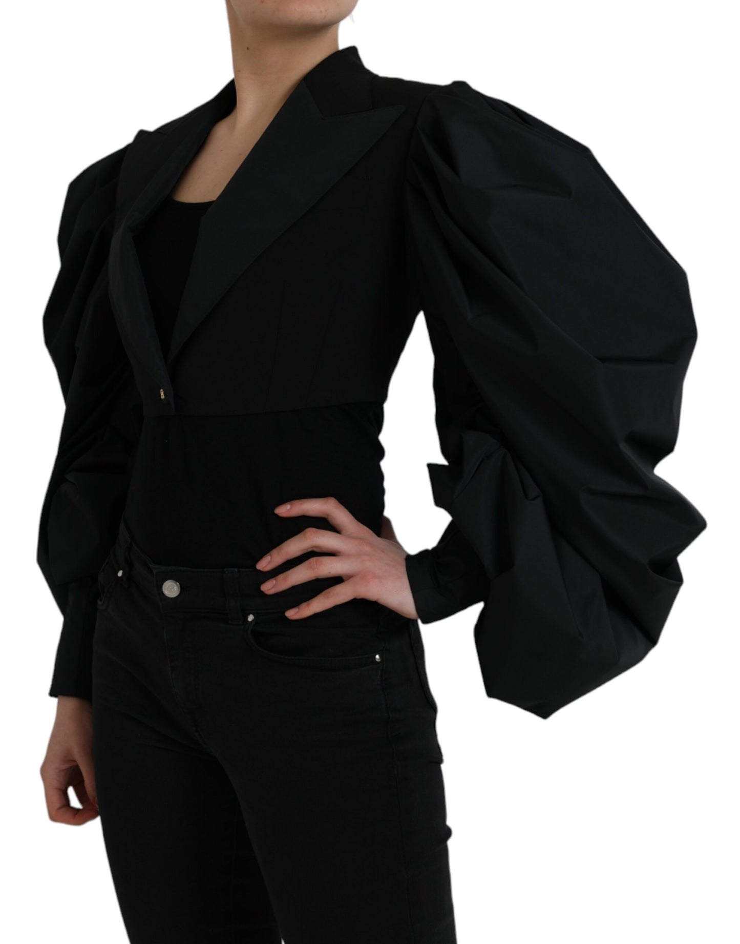 Dolce & Gabbana Black Polyester Puffed Sleeves Cropped Jacket IT40 / S