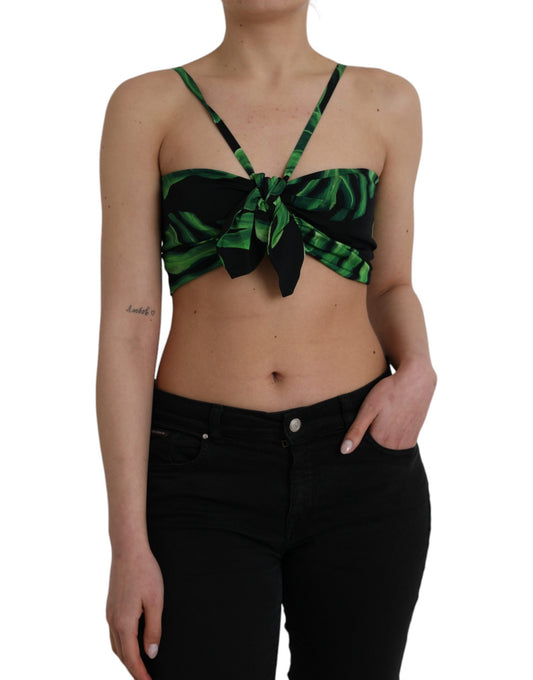 Dolce & Gabbana Black Green Leaf Silk Halter Cropped Top IT42 / M