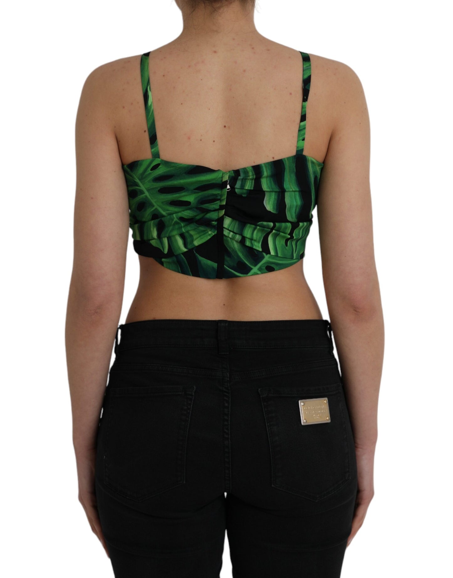 Dolce & Gabbana Black Green Leaf Silk Halter Cropped Top IT42 / M