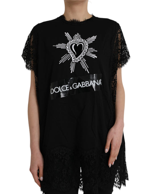 Dolce & Gabbana Black Sacred Heart Print Cotton Lace T-shirt IT42 / M