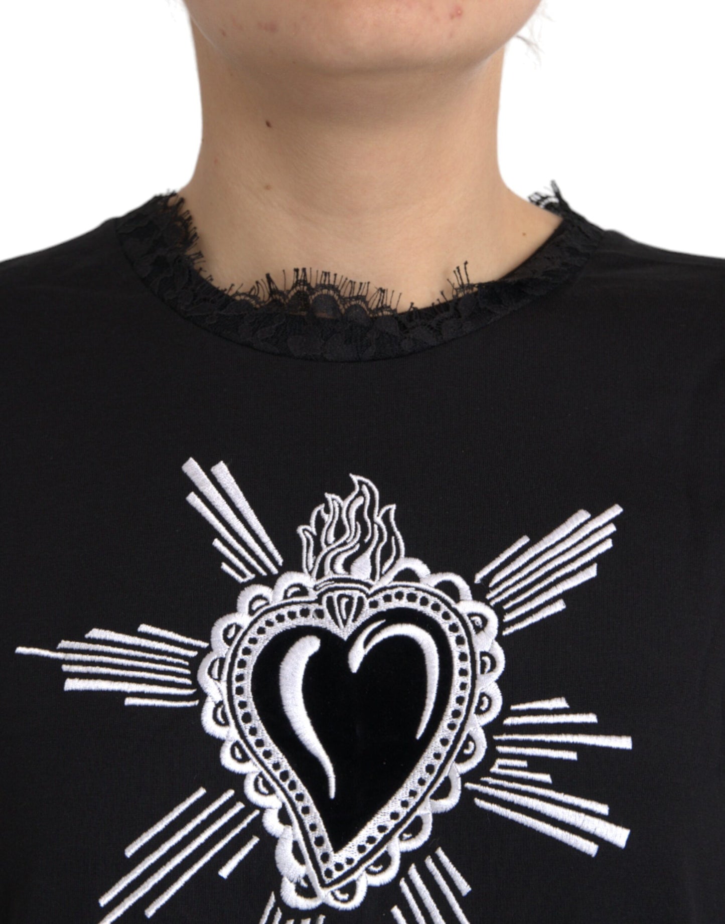 Dolce & Gabbana Black Sacred Heart Print Cotton Lace T-shirt IT42 / M