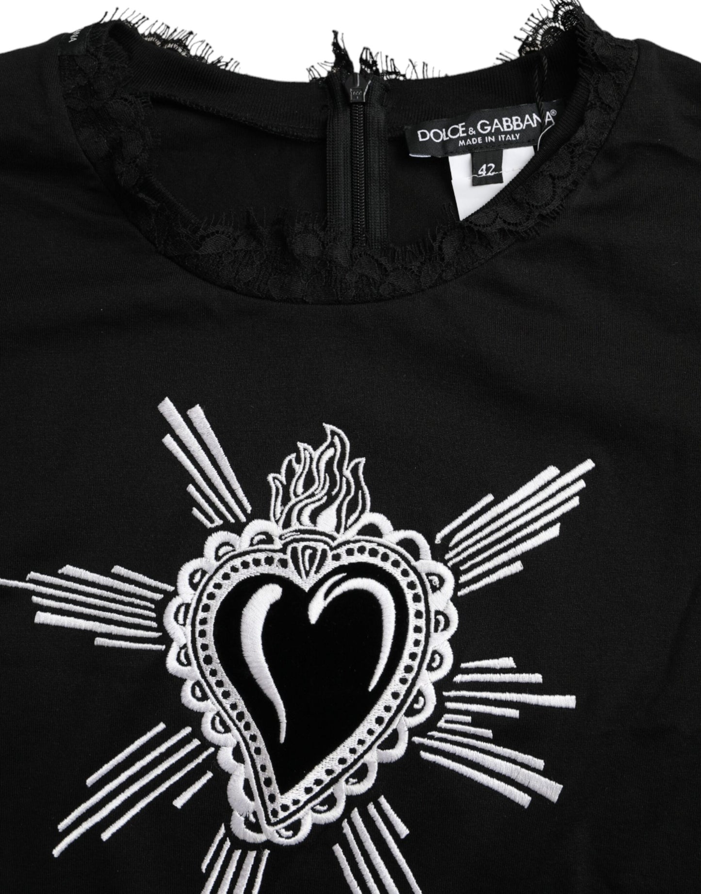 Dolce & Gabbana Black Sacred Heart Print Cotton Lace T-shirt IT42 / M