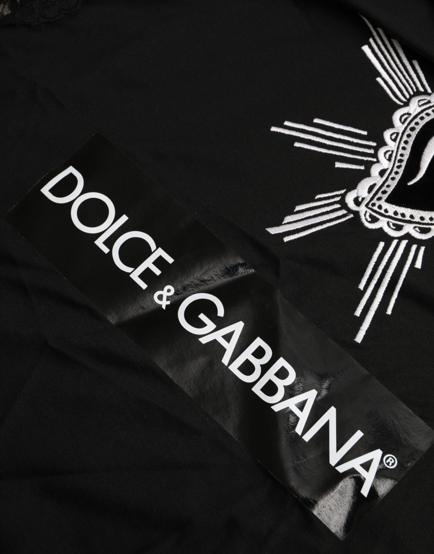 Dolce & Gabbana Black Sacred Heart Print Cotton Lace T-shirt IT42 / M