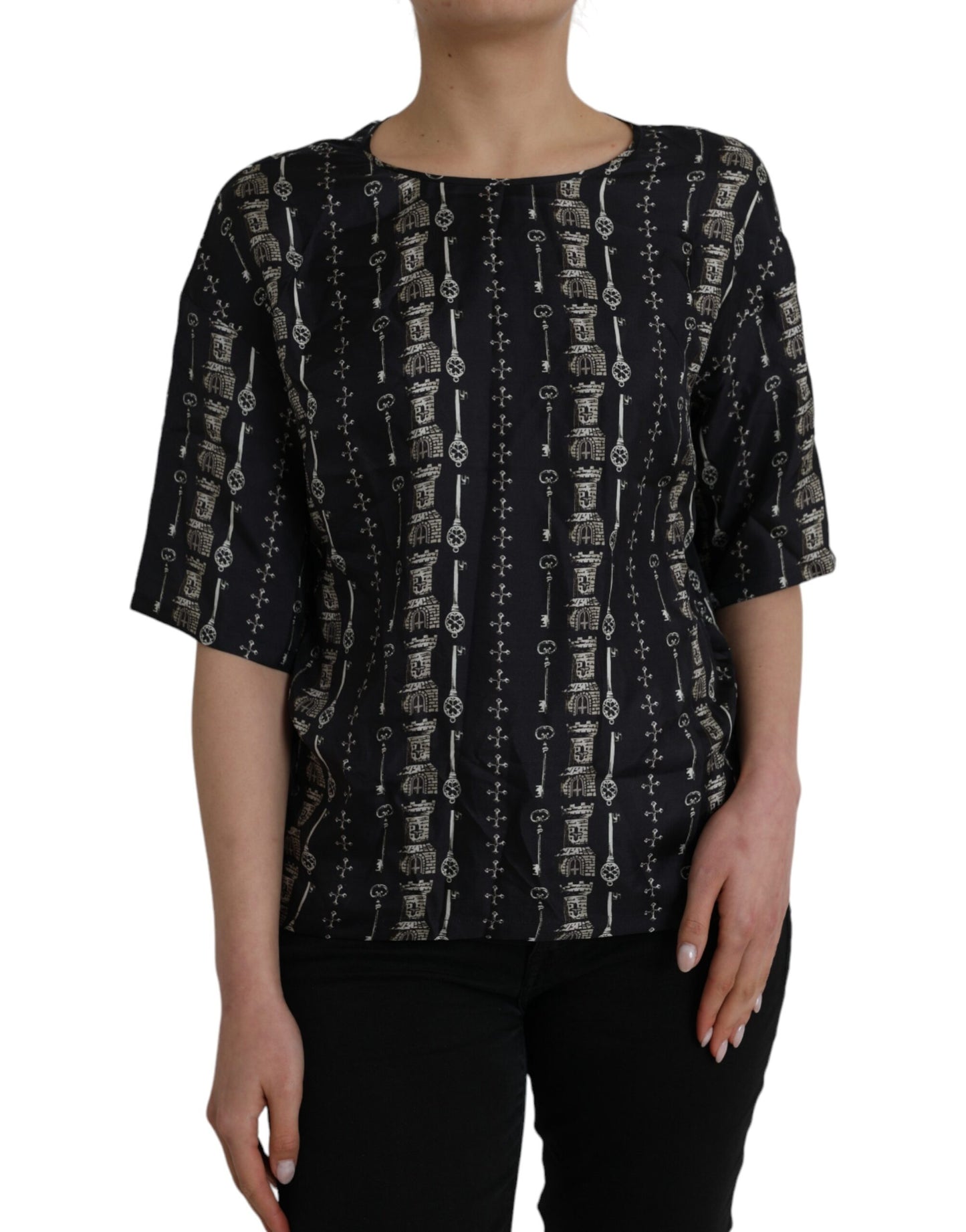 Dolce & Gabbana Black Key Castle Print Silk Blouse T-shirt IT42 / M