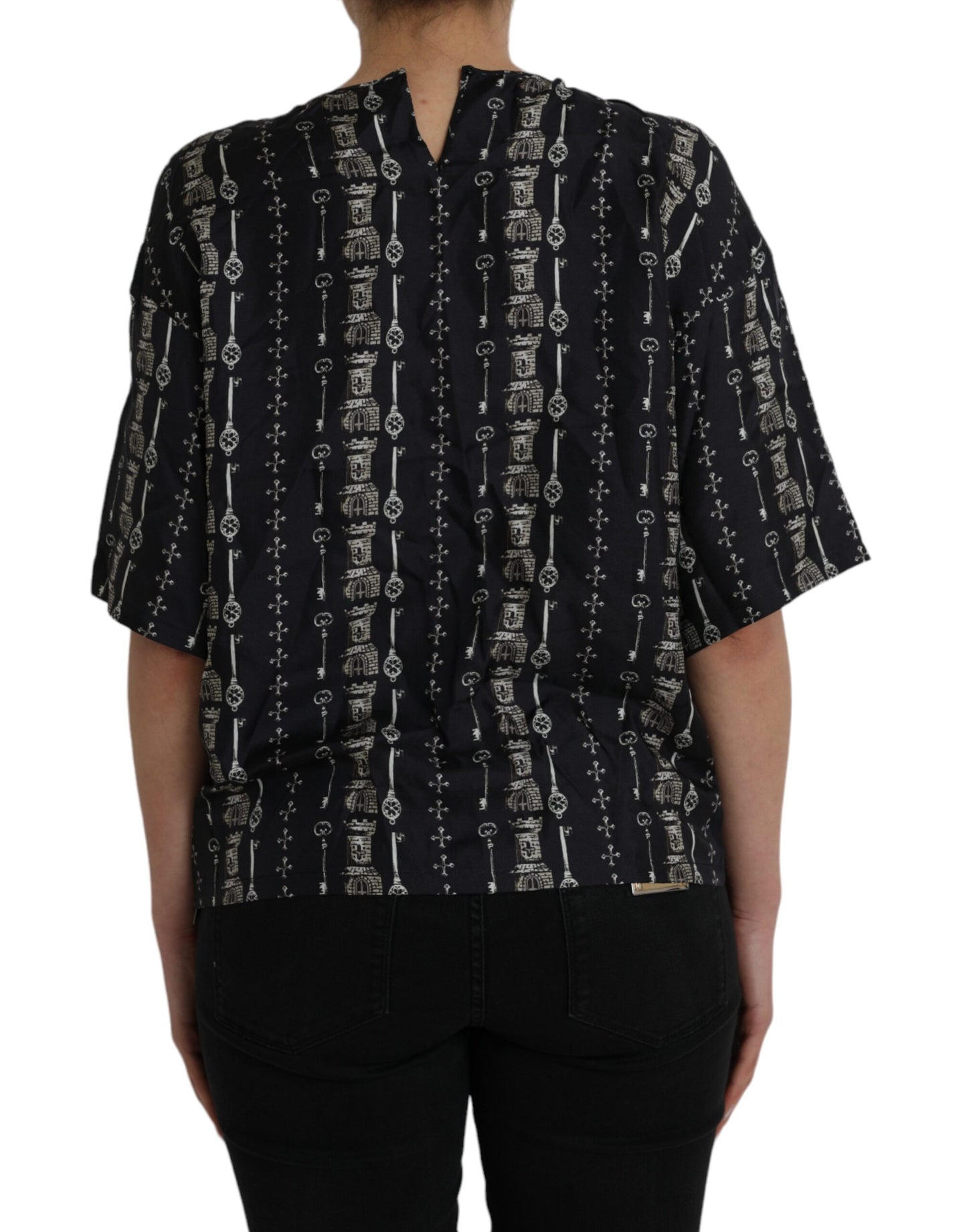 Dolce & Gabbana Black Key Castle Print Silk Blouse T-shirt IT42 / M