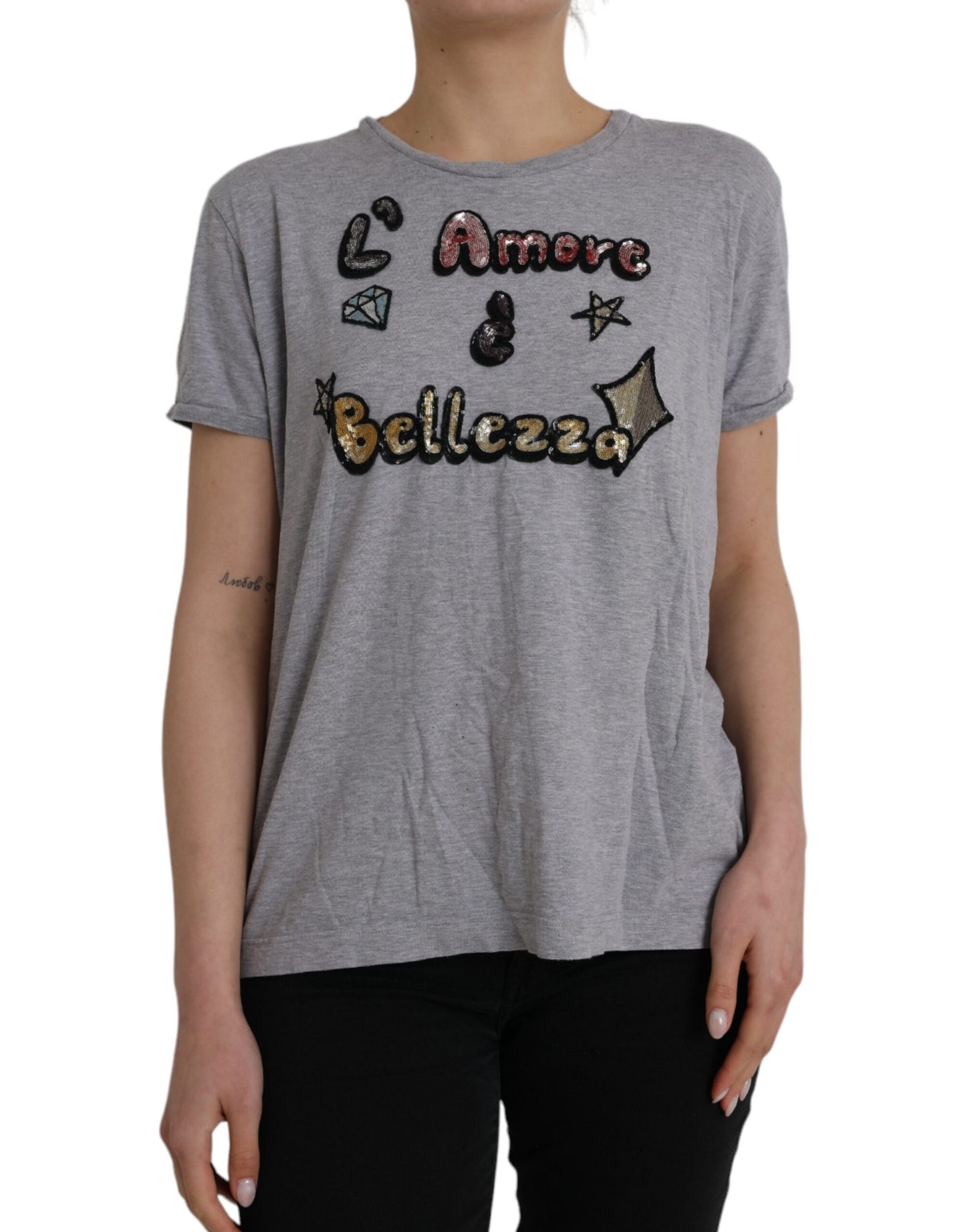 Dolce & Gabbana Gray Cotton L'Amore E'Bellezza Top T-shirt IT46 / XL