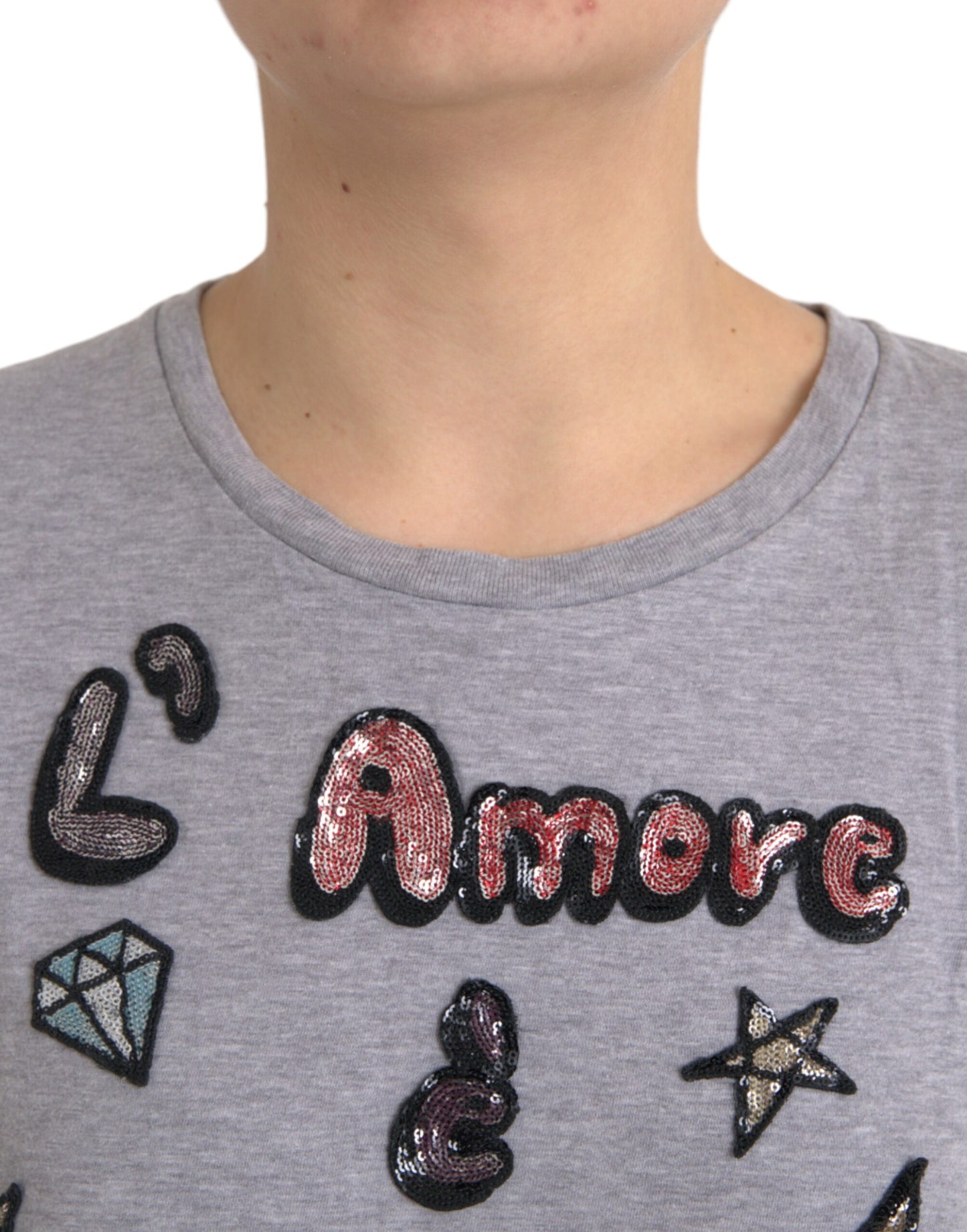 Dolce & Gabbana Gray Cotton L'Amore E'Bellezza Top T-shirt IT46 / XL