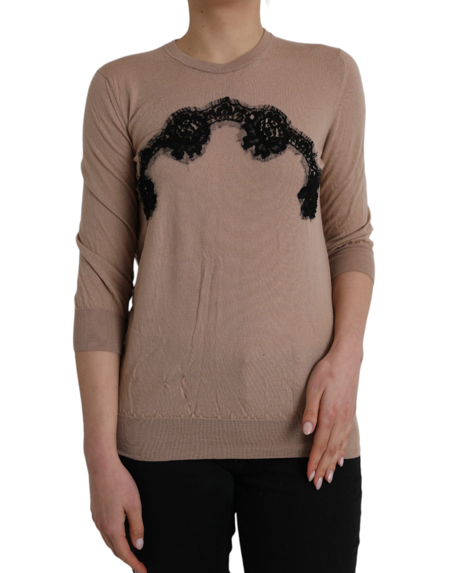 Dolce & Gabbana Brown Wool Black Lace 3/4 Sleeve Blouse Top IT46 / XL